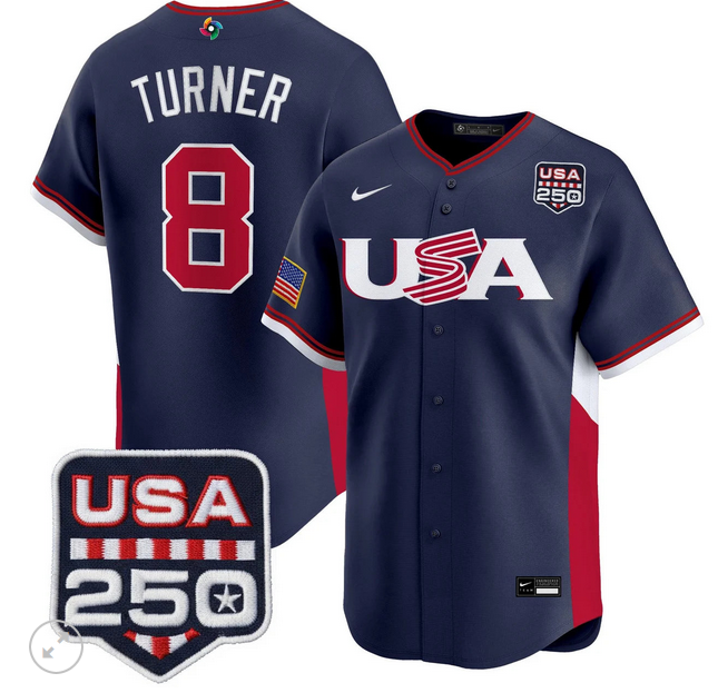 Men Team USA World Baseball Classic 250 America Patch #8 Trea Turner blue 2026 MLB Jersey  Jersey->more jerseys->MLB Jersey